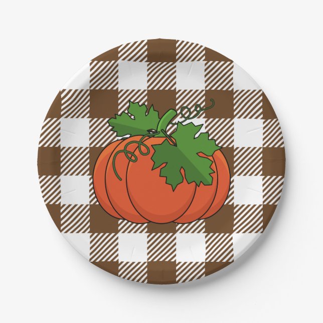 Orange Pumpkin on White Brown Chequered Pattern Paper Plate (Front)