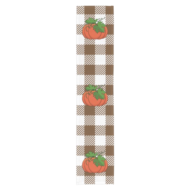 Orange Pumpkin on White Brown Chequered Pattern Short Table Runner (Front)