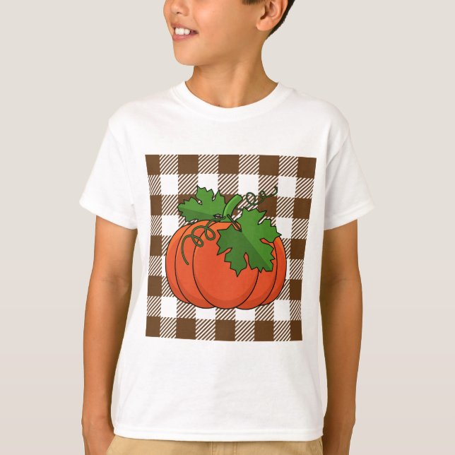 Orange Pumpkin on White Brown Chequered Pattern T-Shirt (Front)