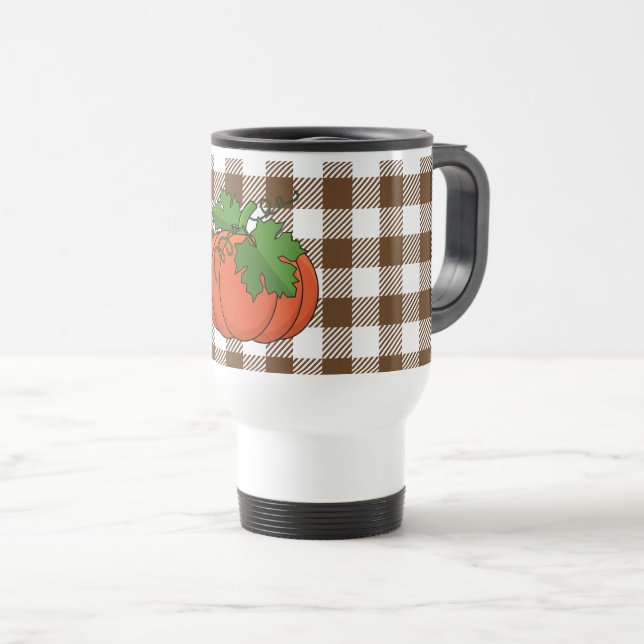 Orange Pumpkin on White Brown Chequered Pattern Travel Mug (Front Right)