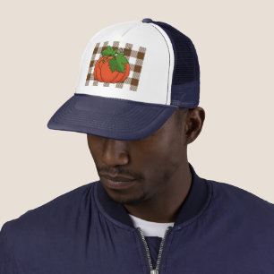 Orange Pumpkin on White Brown Chequered Pattern Trucker Hat