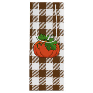 Orange Pumpkin on White Brown Chequered Pattern Wine Gift Bag