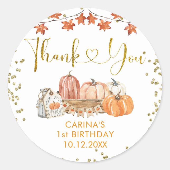Orange Pumpkin Patch Autumn Birthday Thank You Classic Round Sticker (Front)