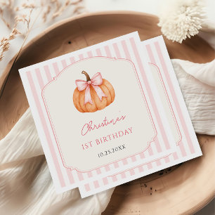 Orange Pumpkin Pink Bow 1st Birthday  Napkin