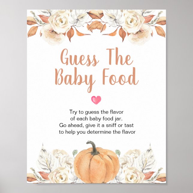 Orange Pumpkin Rustic Floral Guess the Baby Food Poster (Front)