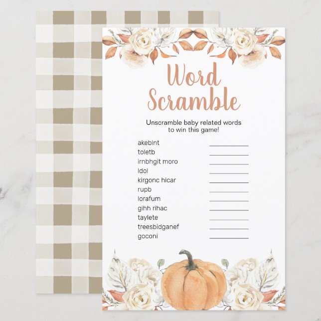 Orange Pumpkin Rustic Floral Word Scramble (Front/Back)