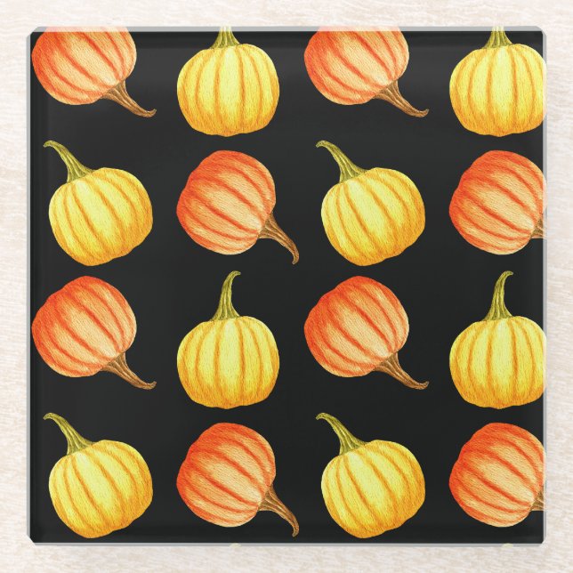 Orange Pumpkin: Seamless Watercolor Pattern. Glass Coaster (Front)