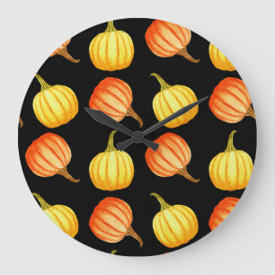 Orange Pumpkin: Seamless Watercolor Pattern. Large Clock