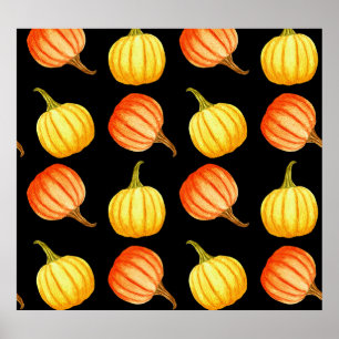 Orange Pumpkin: Seamless Watercolor Pattern. Poster