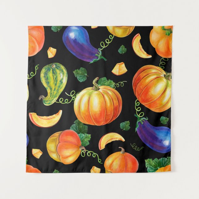Orange pumpkin, Striped zucchini, blue eggplant on Tapestry (Front)