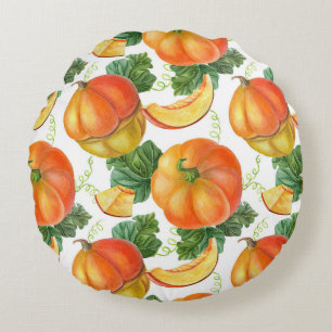 Orange Pumpkin: Summer-Autumn Vegetable Pattern. Round Cushion