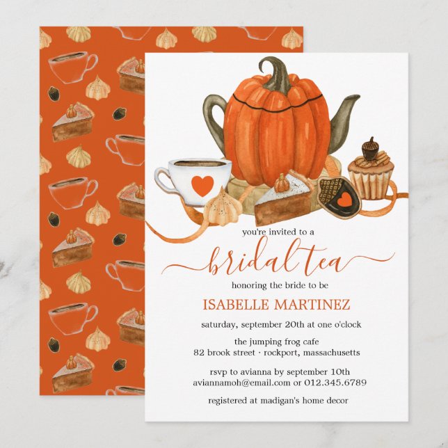 Orange Pumpkin Teapot Fall Bridal Tea Invitation (Front/Back)