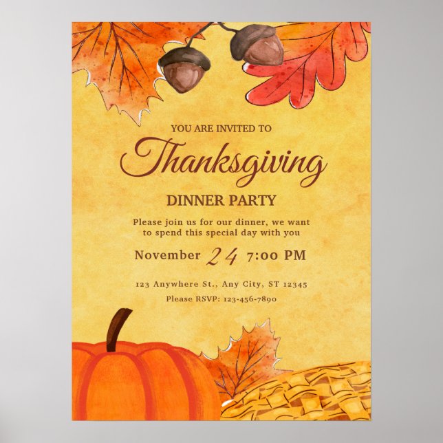 Orange Pumpkin Thanksgiving dinner party Printable Poster (Front)