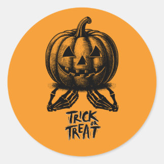 Orange Pumpkin Trick Or Treat Skull Hand Spooky Classic Round Sticker