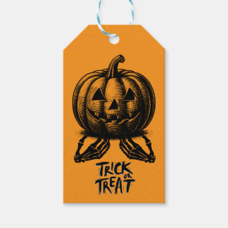 Orange Pumpkin Trick Or Treat Skull Hand Spooky Gift Tags