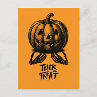 Orange Pumpkin Trick Or Treat Skull Hand Spooky Holiday Postcard