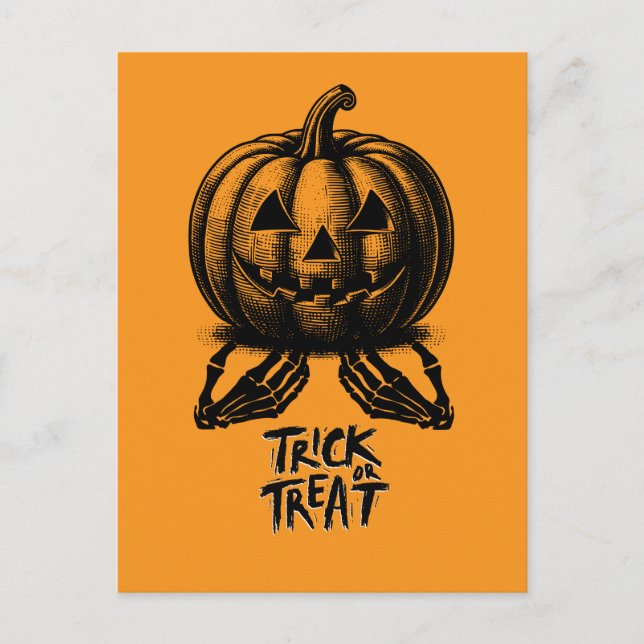 Orange Pumpkin Trick Or Treat Skull Hand Spooky Holiday Postcard (Front)