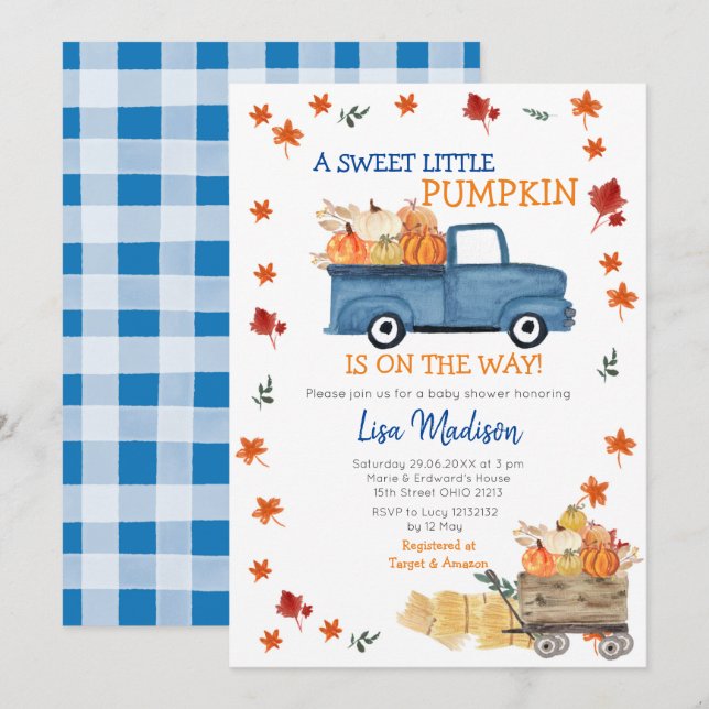 Orange Pumpkin Truck Baby Shower Girl Invitation (Front/Back)