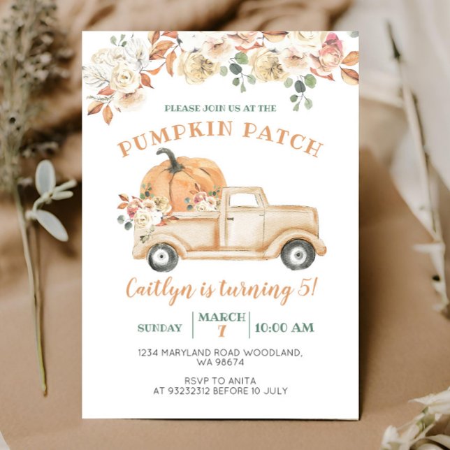Orange Pumpkin Truck Patch 5th Birthday Party Invitation (Creator Uploaded)