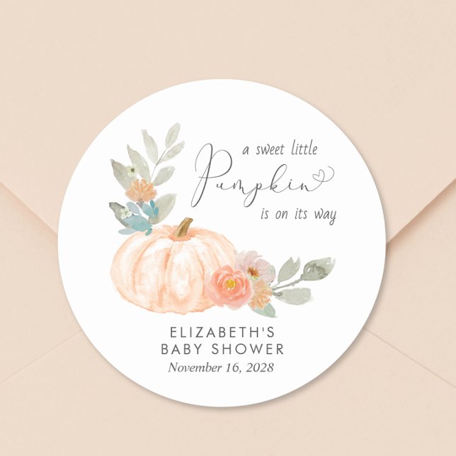 Orange Pumpkin Watercolor Baby Shower Classic Round Sticker (Creator Uploaded)