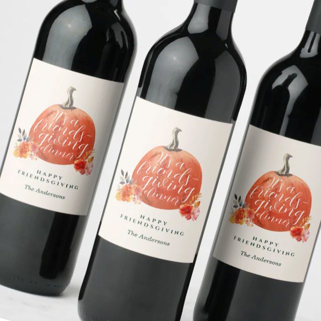 Orange Pumpkin Watercolor Friendsgiving Dinner Wine Label (Creator Uploaded)