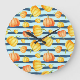 Orange pumpkin: watercolor striped decor. large clock