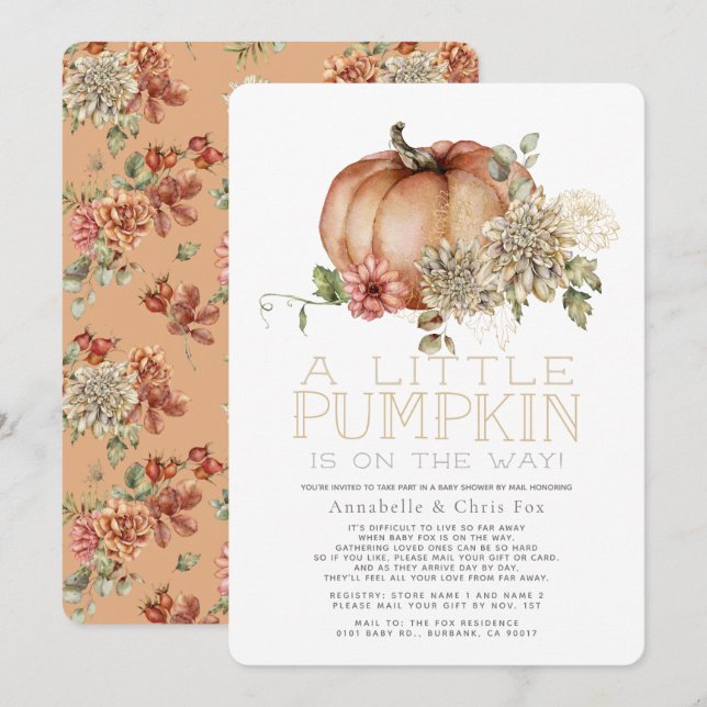 Orange Pumpkin & White Dahlia Baby Shower by Mail Invitation (Front/Back)