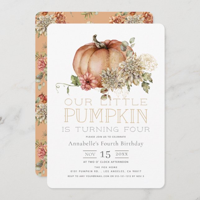 Orange Pumpkin & White Dahlia Birthday Invitation (Front/Back)
