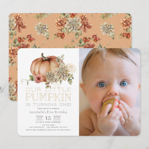 Orange Pumpkin & White Dahlia Photo 1st Birthday Invitation