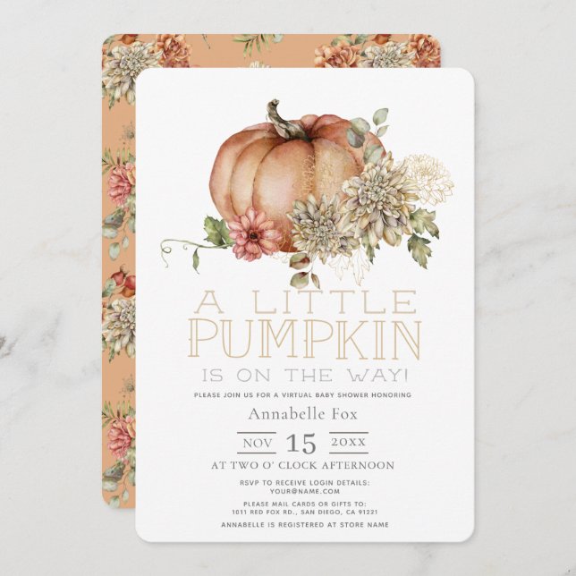 Orange Pumpkin & White Dahlia Virtual Baby Shower Invitation (Front/Back)