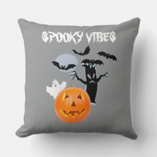 Orange Pumpkin with White Ghost and Bats Cushion