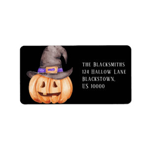 Orange Pumpkin with Witches Hat Halloween Address Label