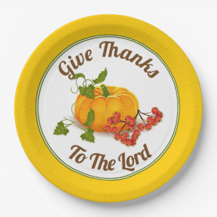 Orange pumpkin, yellow border fall Thanksgiving Paper Plate