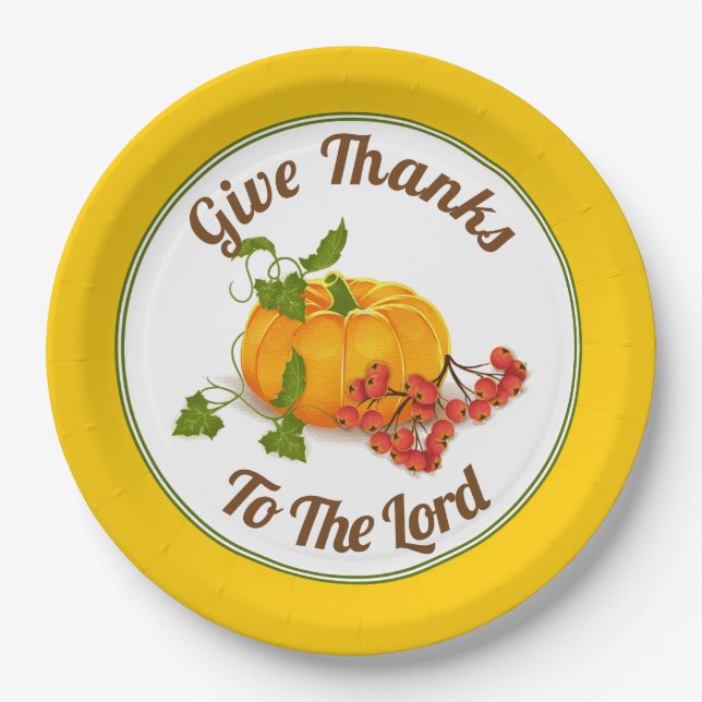 Orange pumpkin, yellow border fall Thanksgiving Paper Plate (Front)