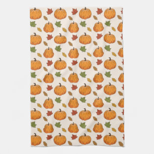 Orange Pumpkins And Autumn Leaves Pattern Tea Towel