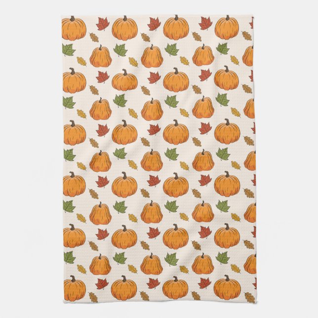 Orange Pumpkins And Autumn Leaves Pattern Tea Towel (Vertical)