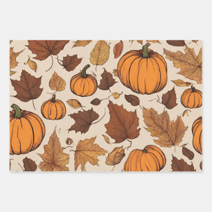 Orange Pumpkins and Autumn Leaves  Wrapping Paper Sheet
