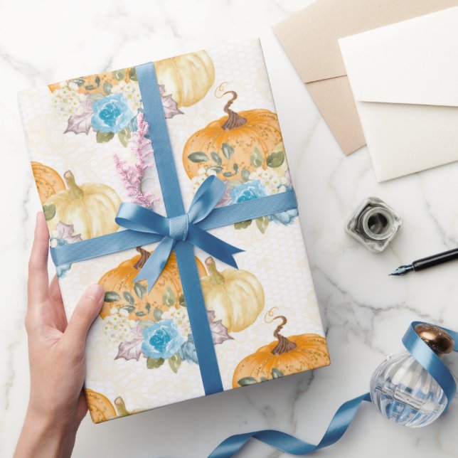 Orange Pumpkins and Blue Flowers Thanksgiving Wrapping Paper (Gifting)