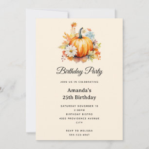 Orange Pumpkins and Flowers Autumn Birthday Invitation
