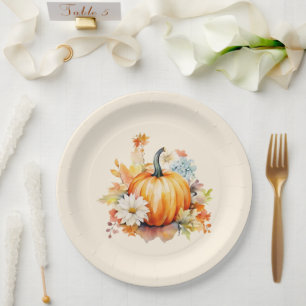 Orange Pumpkins and Flowers Autumn Paper Plate