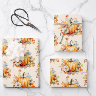 Orange Pumpkins and Flowers Autumn Pattern Wrapping Paper Sheet