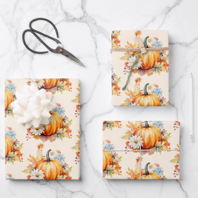 Orange Pumpkins and Flowers Autumn Pattern Wrapping Paper Sheet (Front)