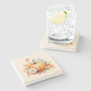 Orange Pumpkins and Flowers Autumn Stone Coaster