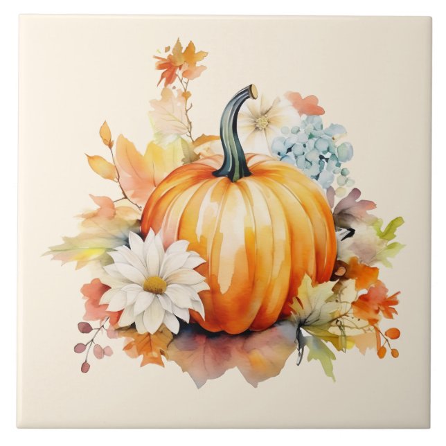 Orange Pumpkins and Flowers Autumn Tile (Front)