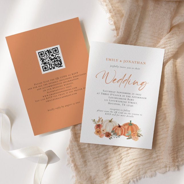 Orange Pumpkins Autumn Florals QR Code Wedding Inv Invitation (Creator Uploaded)