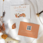 Orange Pumpkins Autumnal Florals QR Code Wedding Save The Date<br><div class="desc">Orange Pumpkins Autumnal Florals QR Code Wedding. Florals and pumpkins in the Colours of fall and an elegant set script for Save The Date and the rest of the text you can easily personalise with your details. Add your QR code to your wedding website on the back or delete this...</div>