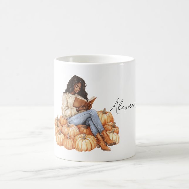 Orange Pumpkins Black Girl with Book Coffee Mug (Center)