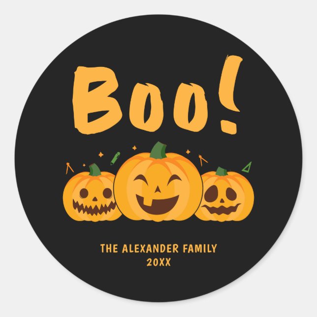 Orange Pumpkins Black Halloween Boo Name Classic Round Sticker (Front)