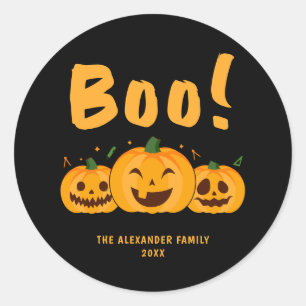 Orange Pumpkins Black Halloween Boo Name Classic Round Sticker