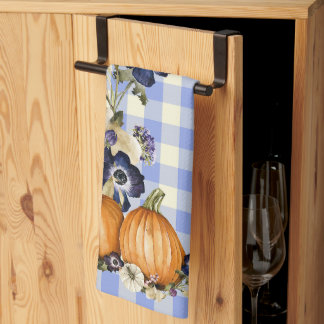 Orange Pumpkins, Bue Flowers and Blue Check Tea Towel
